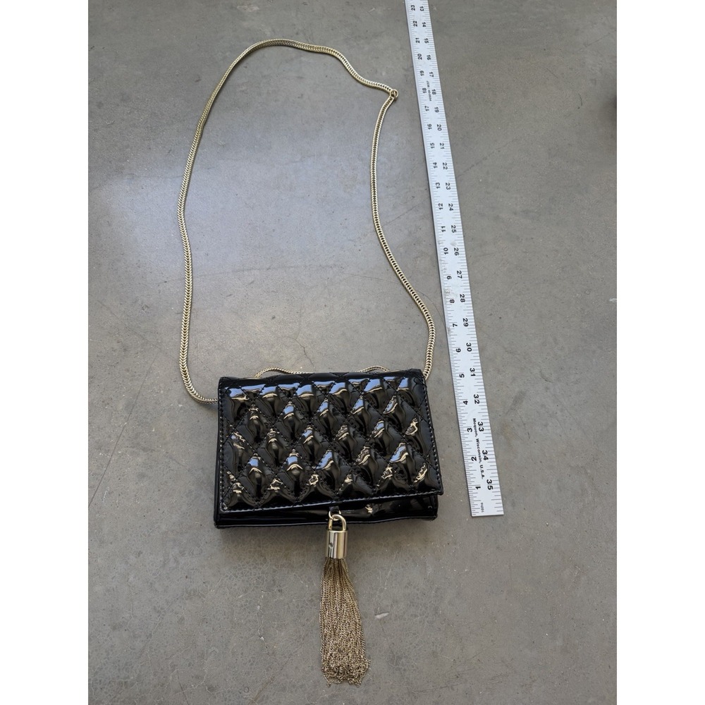 Big Buddha Black Patent‎ Quilted Crossbody Bag Gold Chain Tassel Evening Purse